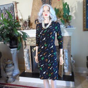 Givency Paris Black Multi Color Print 100% Silk Sheath Dress Size FR 38- US 6